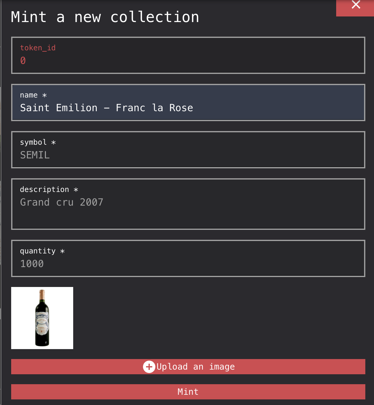 The minting page, showing the creation of 1000 tokens